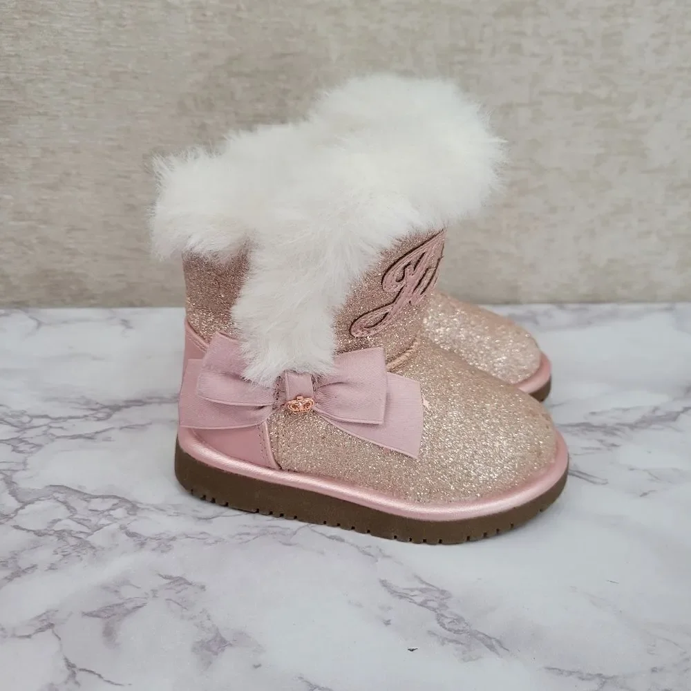 Juicy Couture Lil Windsor Blush Glitter Girls Pink Sparkly Faux Fur Boots Size 5